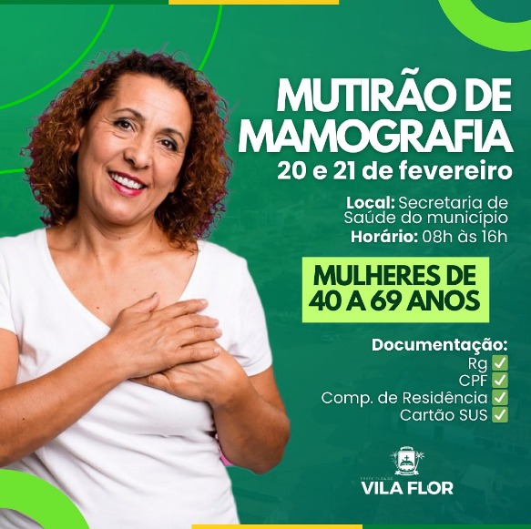 Entre os dias 20/02/2025 e 21/02/2025, acontecerá o Mutirão de Mamografia no nosso município.